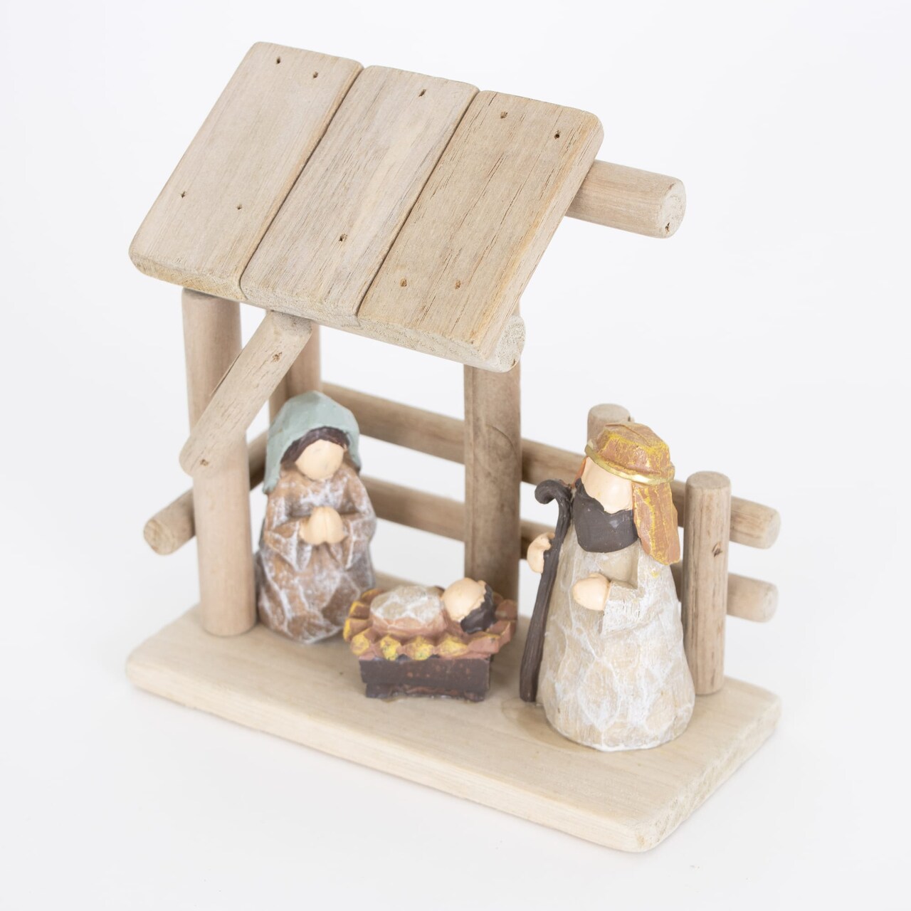 Gerson Christmas Nativity Scene, One-Piece Holy Family Creche Indoor Holiday Decor with Wooden Stable and Resin Figures, 7 inch